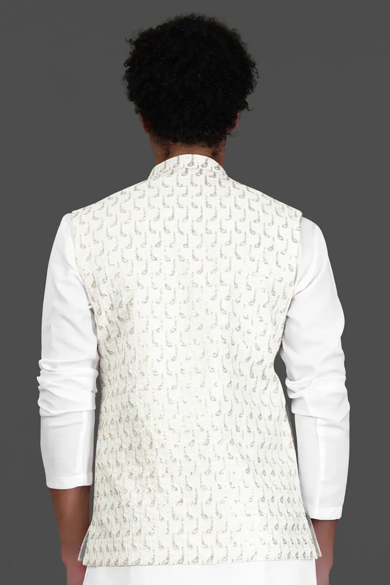 Bright White Leaves Pattern Sequin Embroidered Designer Viscose Nehru Jacket 7