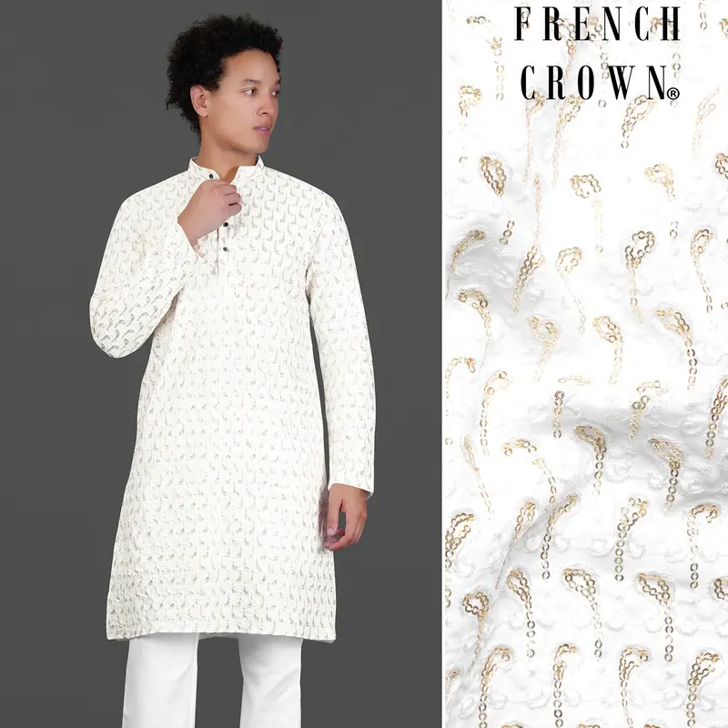 Bright White Leaves Pattern Sequin Embroidered Subtle Sheen Viscose Designer Kurta 1