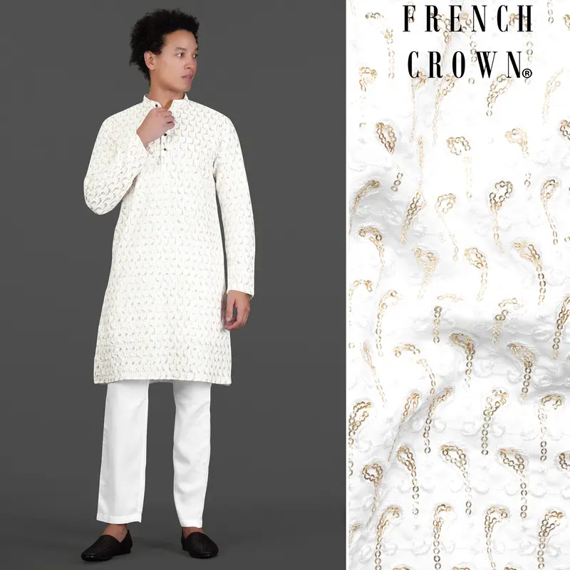 Bright White Leaves Pattern Sequin Embroidered Subtle Sheen Viscose Designer Kurta Set 1