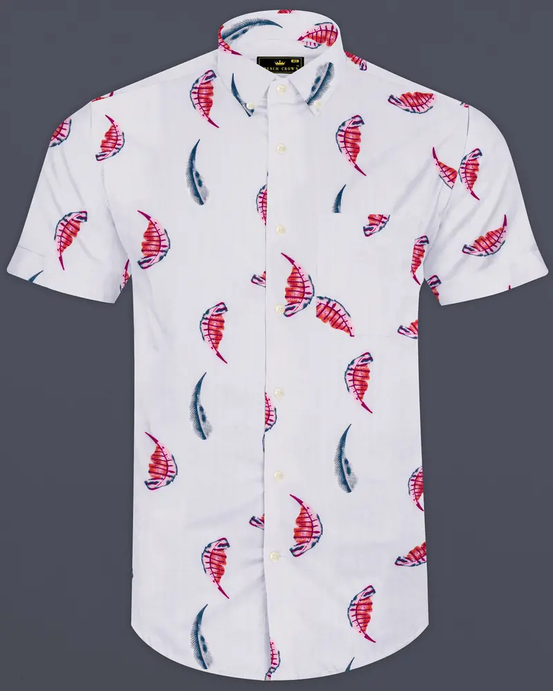 Bright White Leaves Printed Lightweight Premium Cotton Oversized Shirt 1
