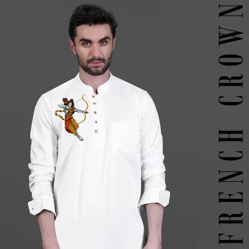 Bright White Lord Ram Printed Subtle Sheen Super Soft Premium Cotton Designer Kurta Shirt 1