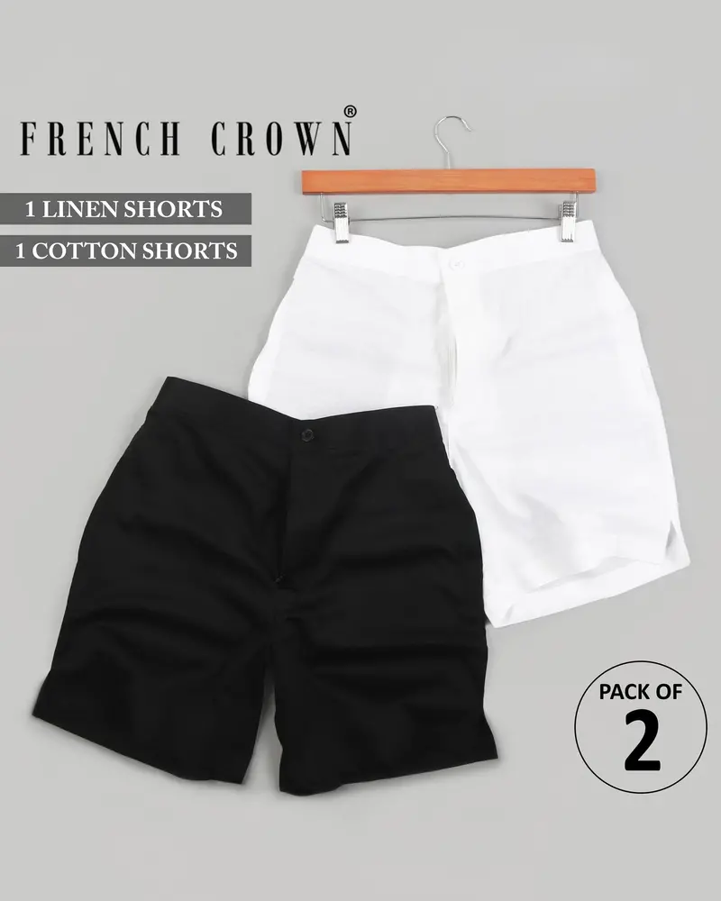 Bright White Luxurious Linen And Jade Black Premium Cotton Shorts 2