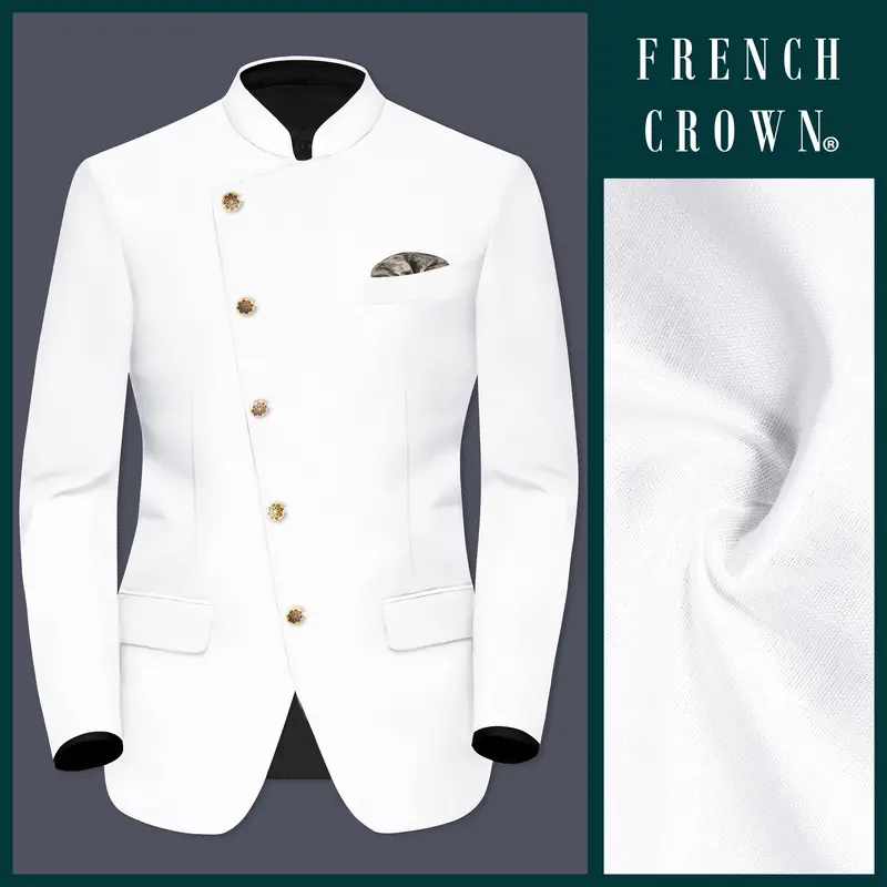 Bright White Luxurious Linen Bandhgala/Mandarin Cross Placket Performance Blazer 1