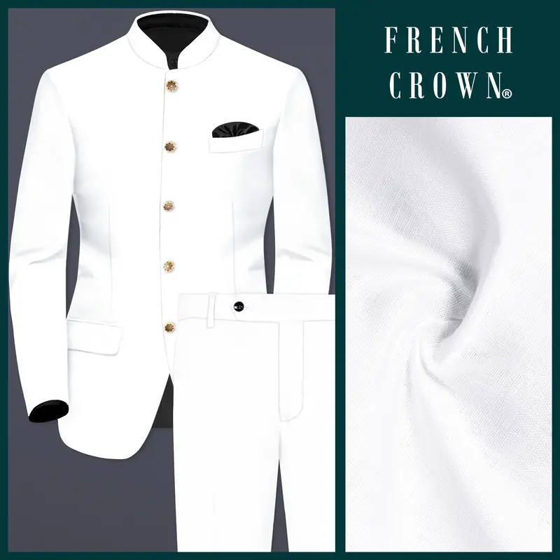 Bright White Luxurious Linen Bandhgala/Mandarin Performance Suit 1