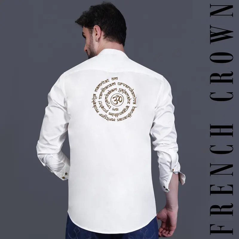 Bright White Maha Mrityunjaya Mantra Embroidered Subtle Sheen Super Soft Premium Cotton Designer Kurta Shirt 1