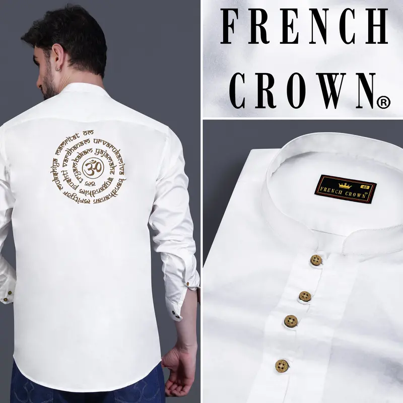 Bright White Maha Mrityunjaya Mantra Embroidered Subtle Sheen Super Soft Premium Cotton Designer Kurta Shirt 11