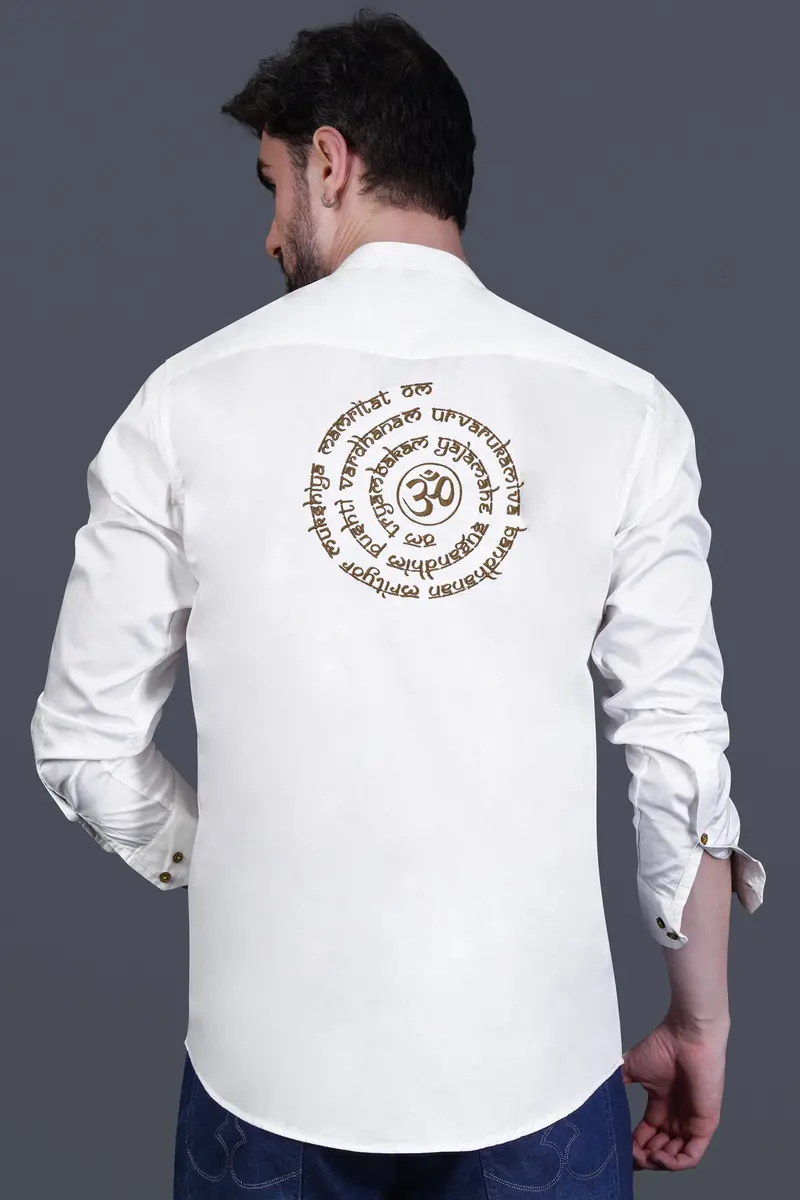 Bright White Maha Mrityunjaya Mantra Embroidered Subtle Sheen Super Soft Premium Cotton Designer Kurta Shirt 2