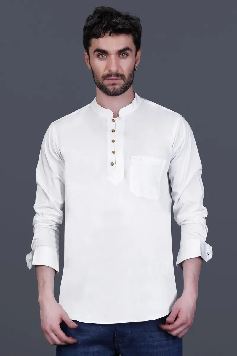 Bright White Maha Mrityunjaya Mantra Embroidered Subtle Sheen Super Soft Premium Cotton Designer Kurta Shirt 6