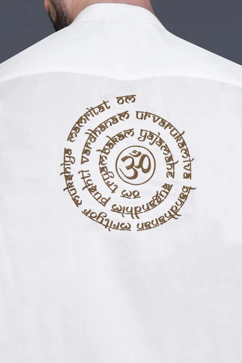 Bright White Maha Mrityunjaya Mantra Embroidered Subtle Sheen Super Soft Premium Cotton Designer Kurta Shirt 9