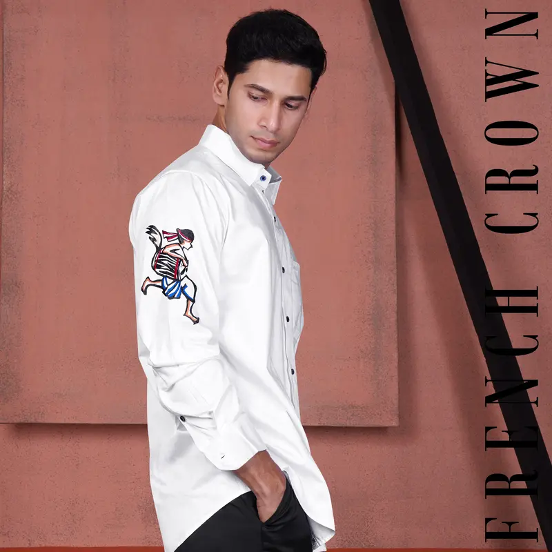 Bright White Man Playing Dhol Hand Painted Subtle Sheen Super Soft Premium Cotton Designer Shirt 1