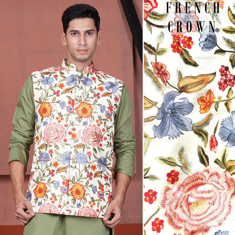 Bright White Multi Color Floral Cotton Thread Embroidered Nehru Jacket 1