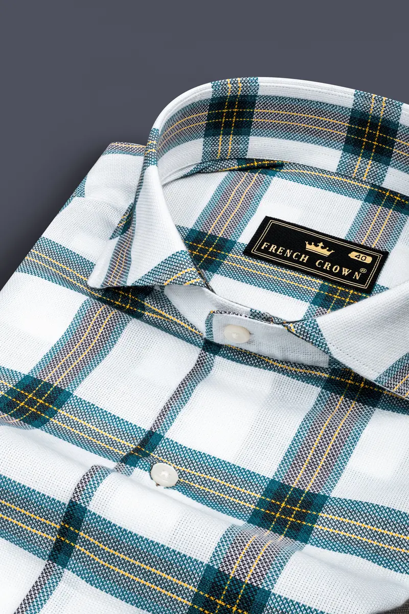 Bright White Multicolor Checkered Dobby Textured Premium Giza Cotton Shirt 1