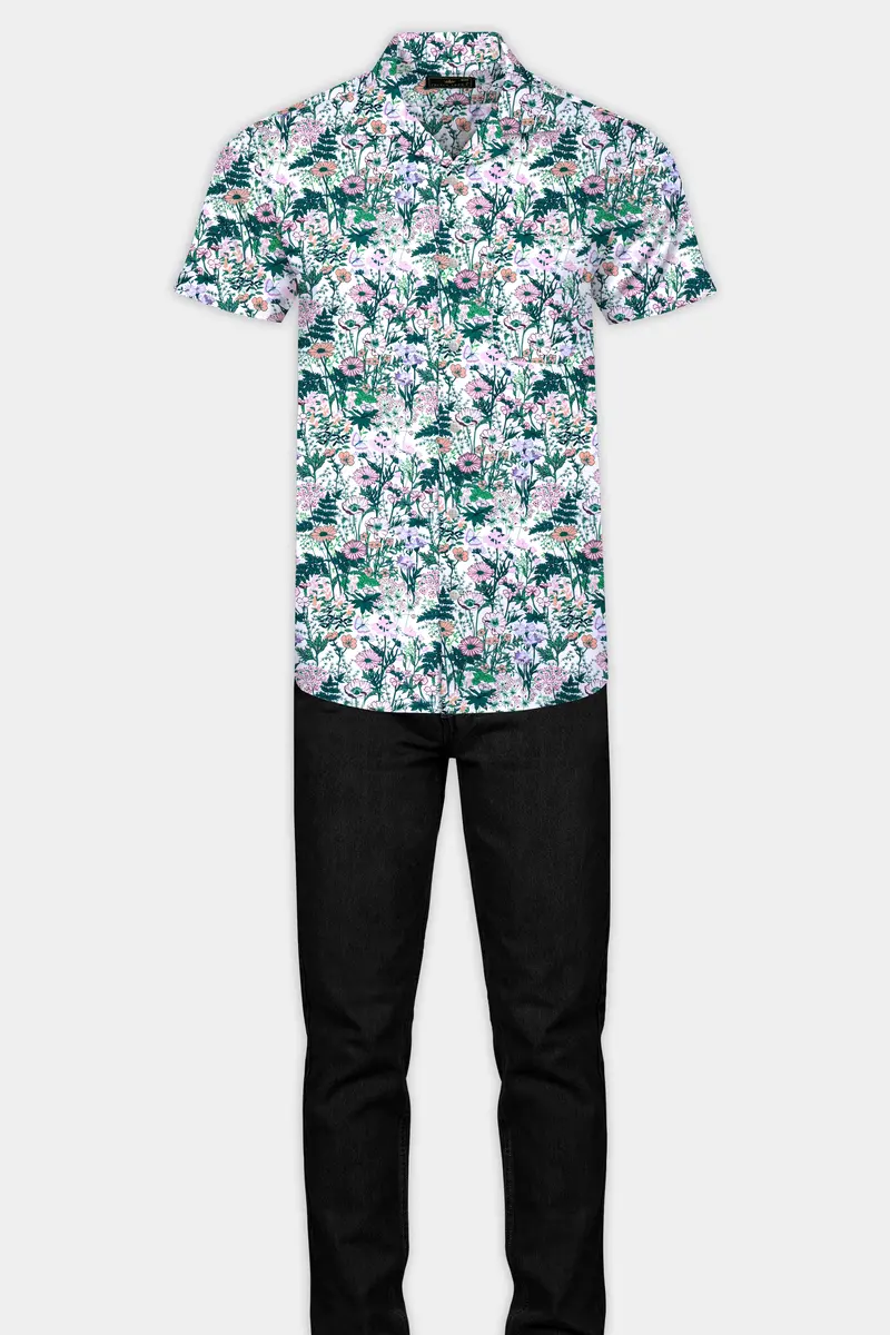 Bright White Multicolor Tropical Printed Premium Cotton Shirt 7