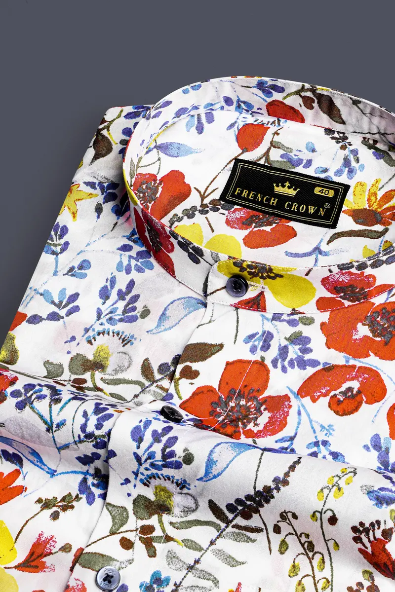 Bright White Multicolour Flower Printed Premium Cotton Shirt 1