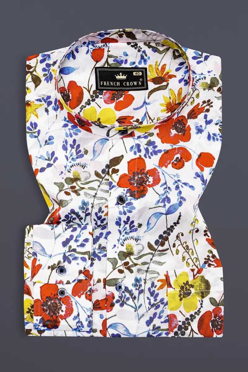 Bright White Multicolour Flower Printed Premium Cotton Shirt 3