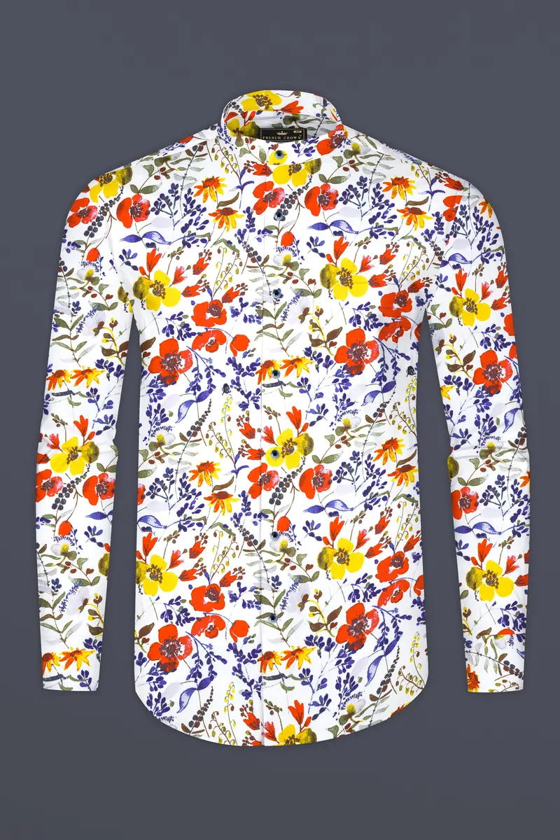 Bright White Multicolour Flower Printed Premium Cotton Shirt 4
