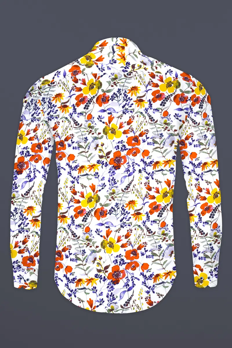 Bright White Multicolour Flower Printed Premium Cotton Shirt 5