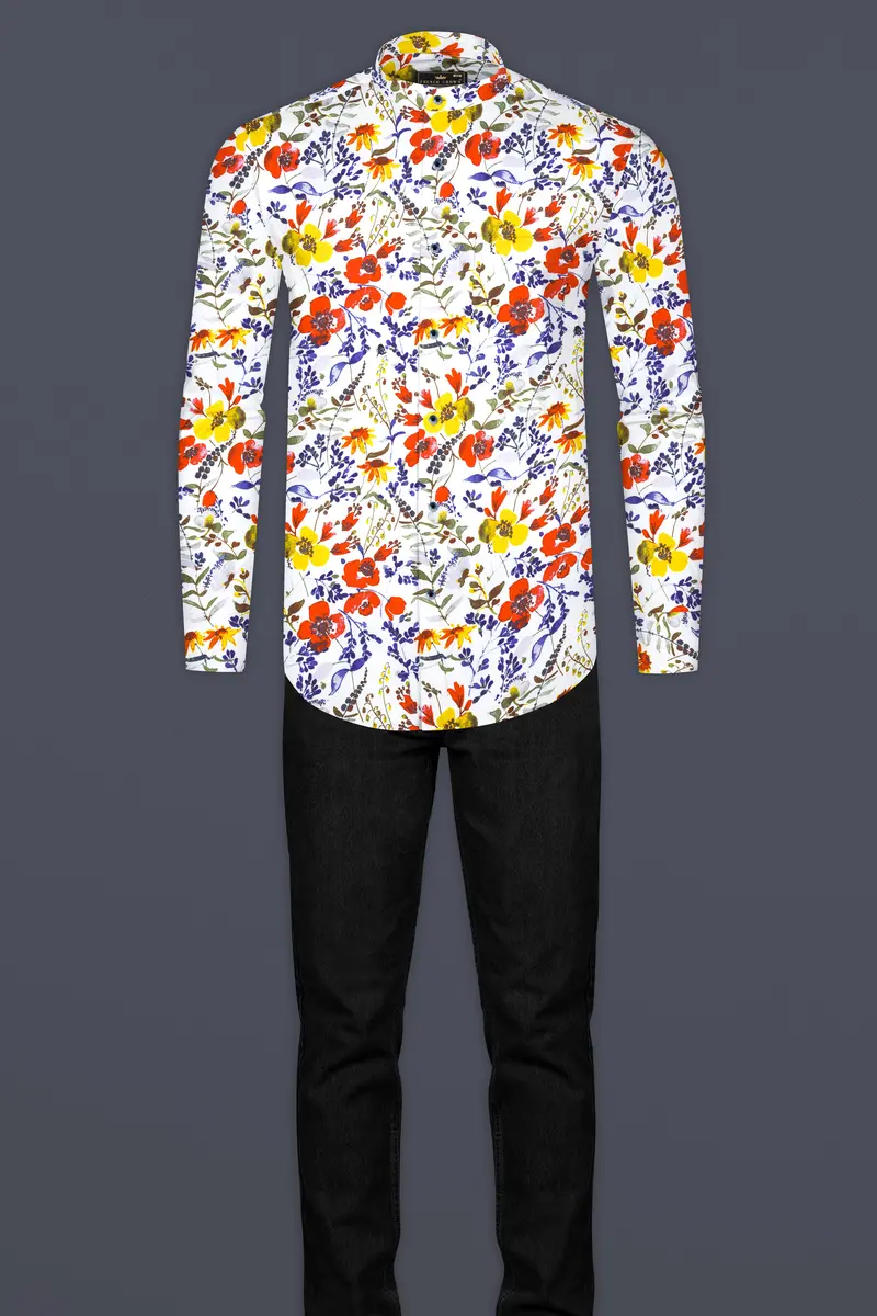 Bright White Multicolour Flower Printed Premium Cotton Shirt 6