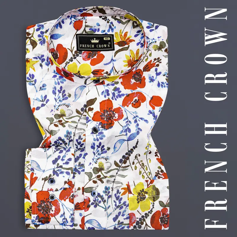 Bright White Multicolour Flower Printed Premium Cotton Shirt 7