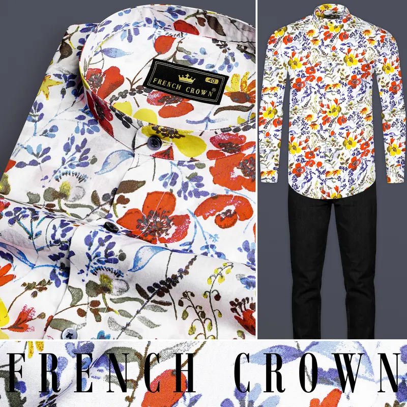 Bright White Multicolour Flower Printed Premium Cotton Shirt 8