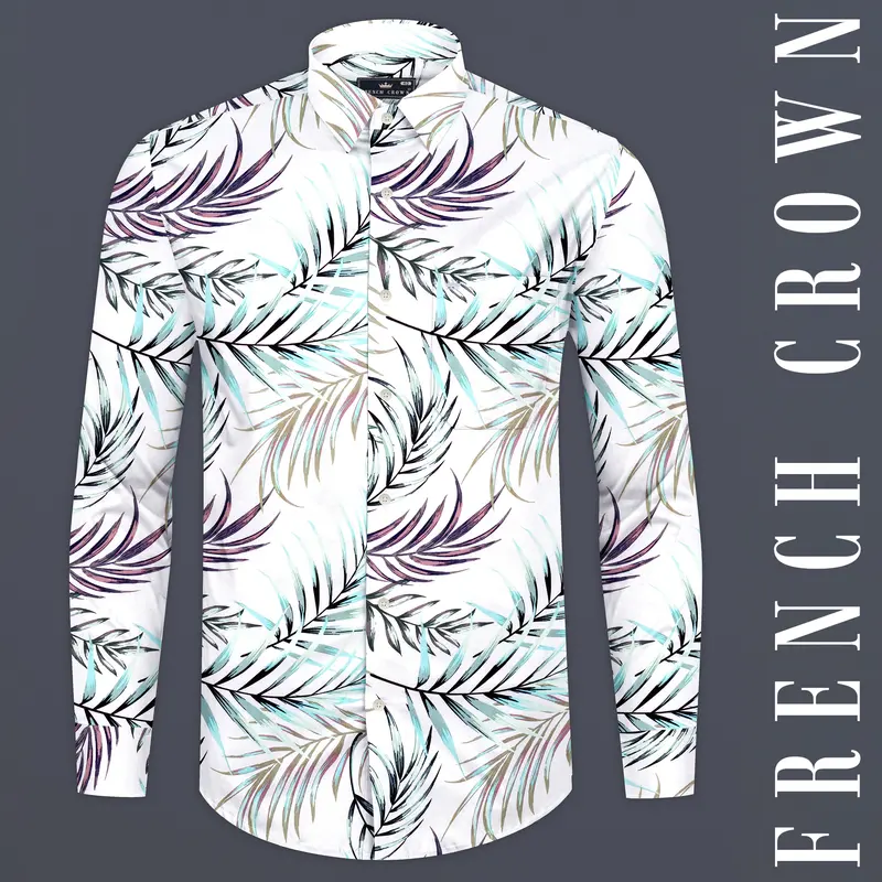 Bright White Multicolour Leaves Printed Premium Cotton Shirt 1