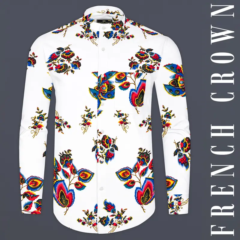 Bright White Multicolour Leaves Printed Premium Cotton Shirt 1