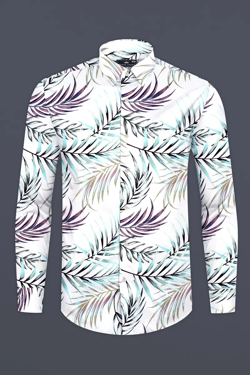 Bright White Multicolour Leaves Printed Premium Cotton Shirt 2