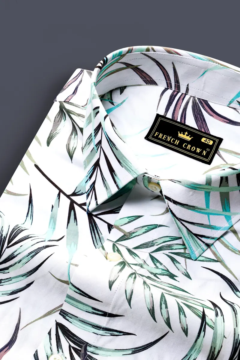 Bright White Multicolour Leaves Printed Premium Cotton Shirt 4