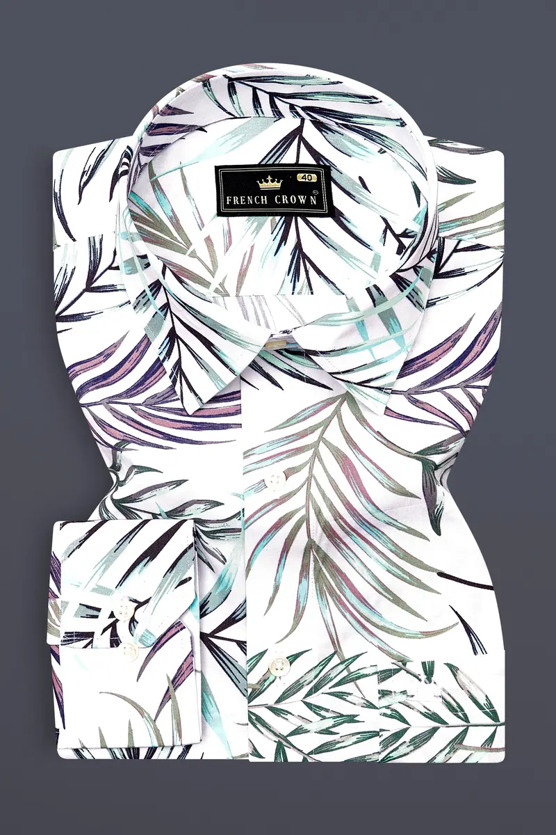 Bright White Multicolour Leaves Printed Premium Cotton Shirt 5