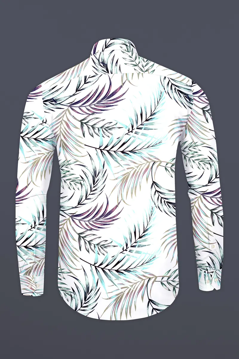 Bright White Multicolour Leaves Printed Premium Cotton Shirt 6