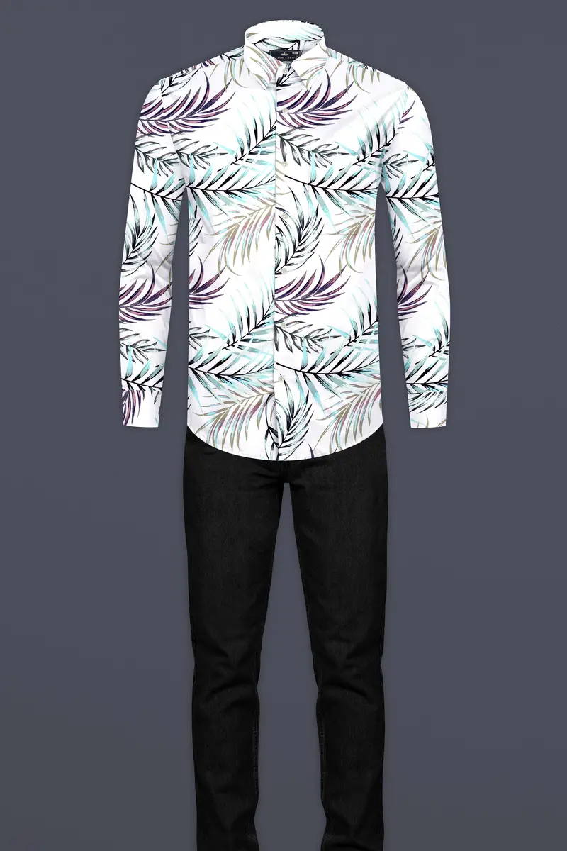 Bright White Multicolour Leaves Printed Premium Cotton Shirt 7
