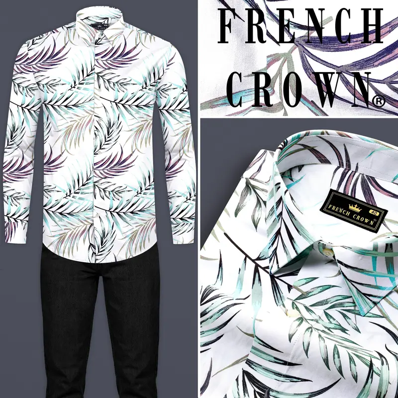 Bright White Multicolour Leaves Printed Premium Cotton Shirt 8