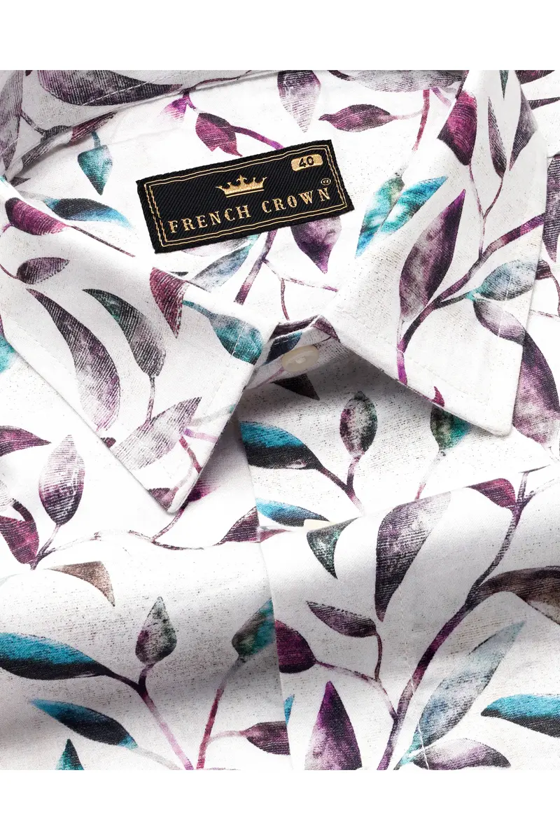 Bright White Multicolour Leaves Printed Super Soft Premium Cotton Shirt 1