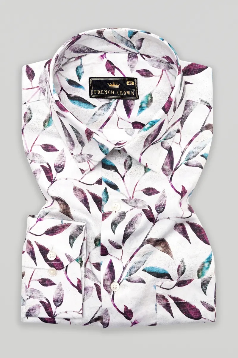 Bright White Multicolour Leaves Printed Super Soft Premium Cotton Shirt 3