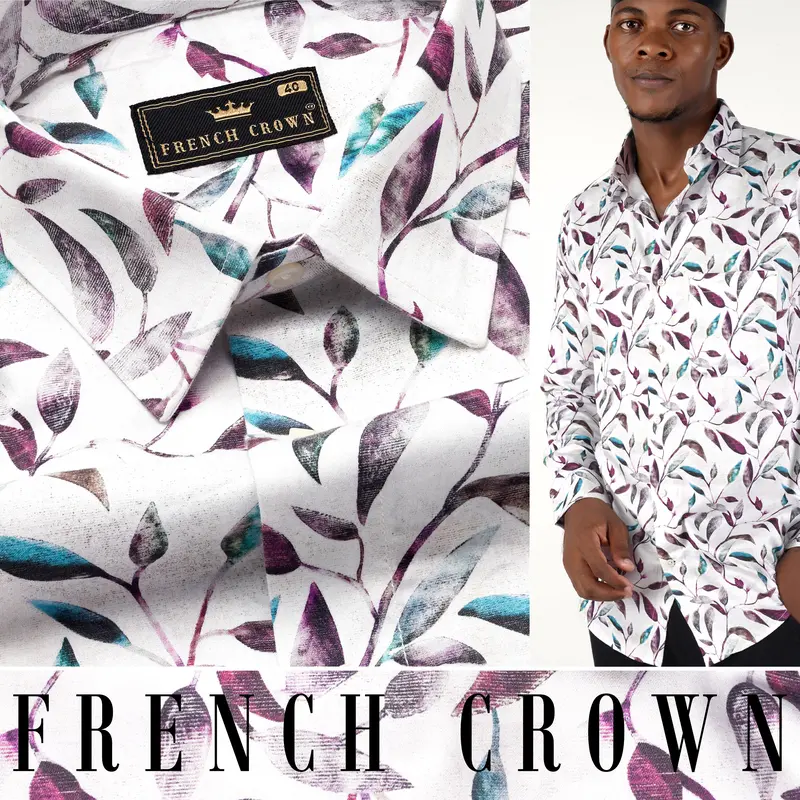 Bright White Multicolour Leaves Printed Super Soft Premium Cotton Shirt 4