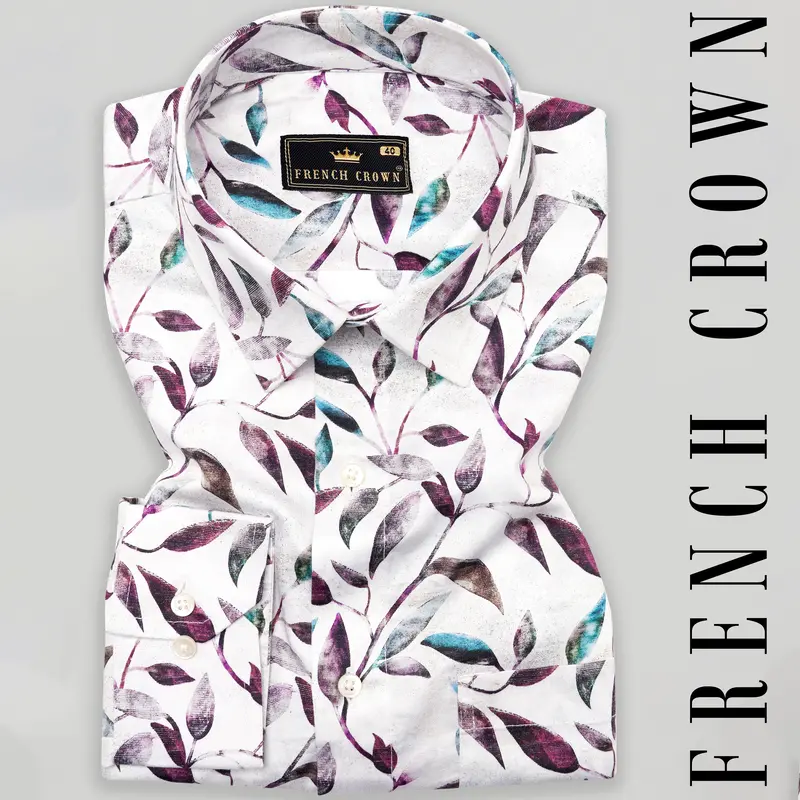 Bright White Multicolour Leaves Printed Super Soft Premium Cotton Shirt 7