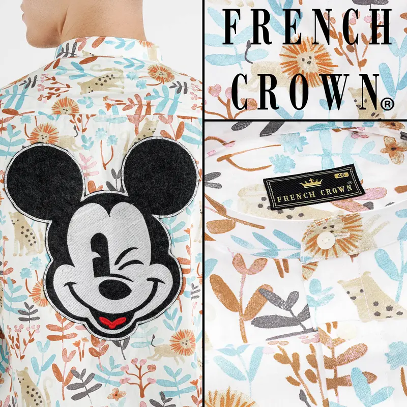 Bright White Multicolour Printed With Embroidered Mickey Patchwork Premium Cotton Designer Shirt 1