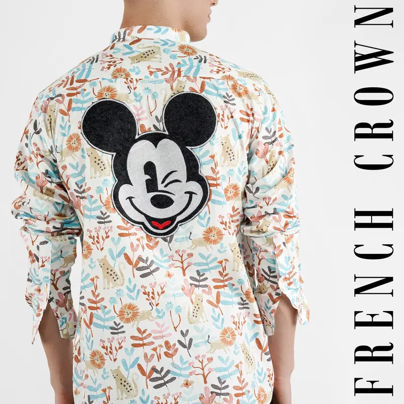 Bright White Multicolour Printed With Embroidered Mickey Patchwork Premium Cotton Designer Shirt 10