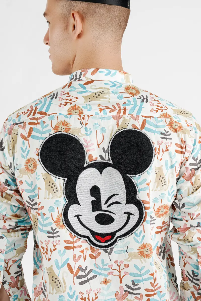 Bright White Multicolour Printed With Embroidered Mickey Patchwork Premium Cotton Designer Shirt 2