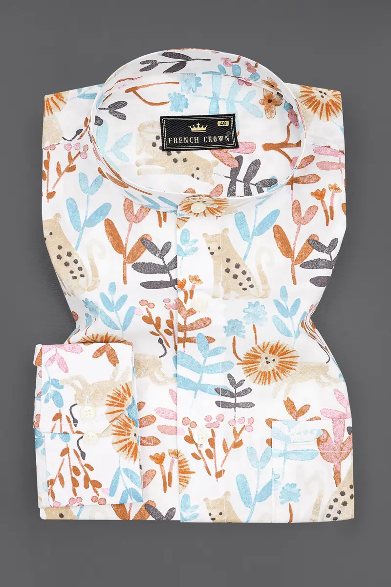 Bright White Multicolour Printed With Embroidered Mickey Patchwork Premium Cotton Designer Shirt 5