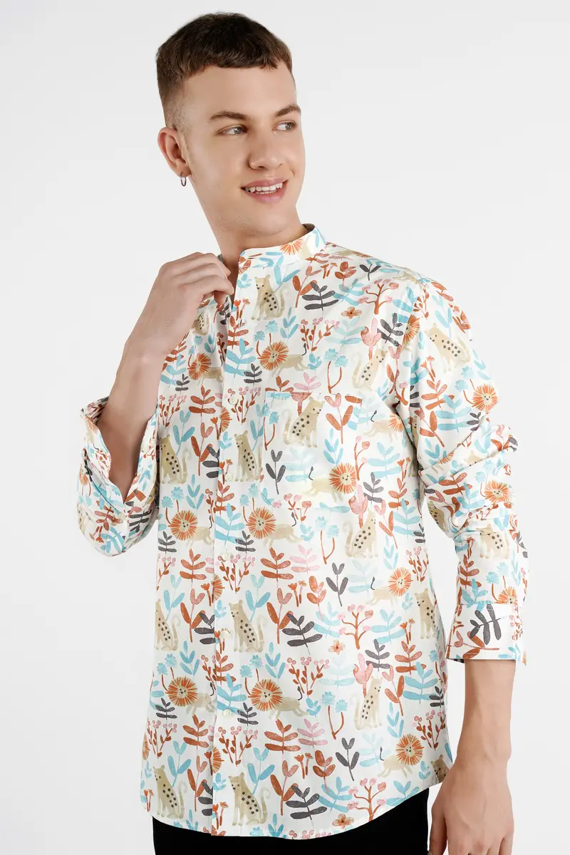 Bright White Multicolour Printed With Embroidered Mickey Patchwork Premium Cotton Designer Shirt 6