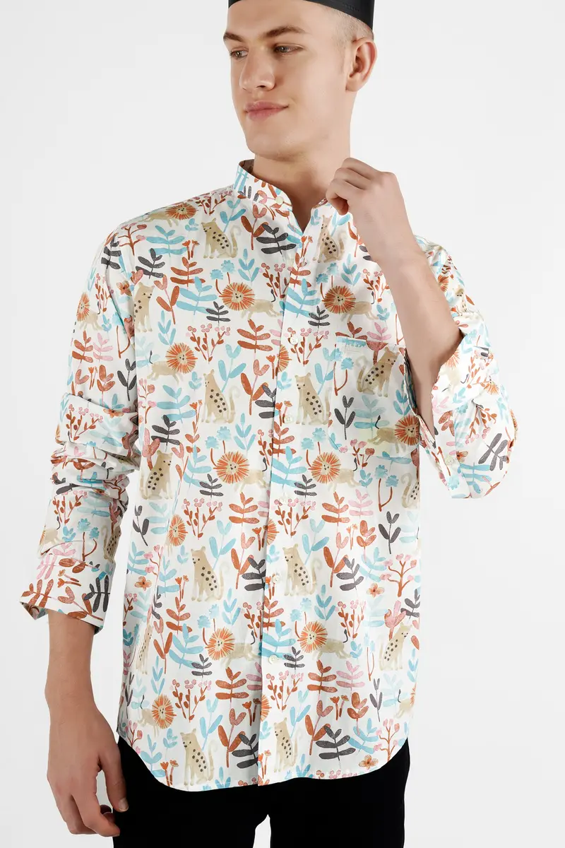 Bright White Multicolour Printed With Embroidered Mickey Patchwork Premium Cotton Designer Shirt 7