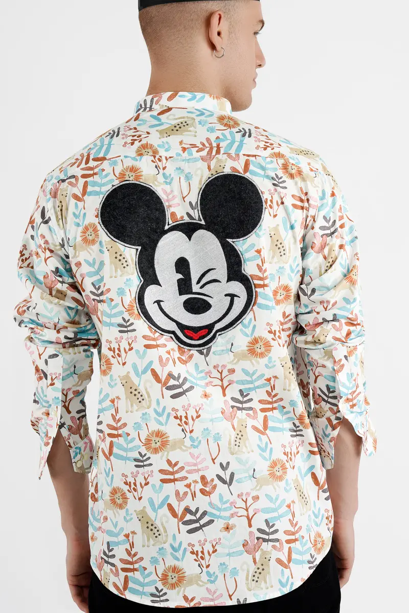 Bright White Multicolour Printed With Embroidered Mickey Patchwork Premium Cotton Designer Shirt 9