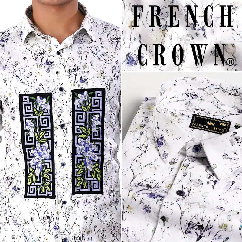 Bright White Multicolour Printed With Patchwork Super Soft Premium Cotton Designer Shirt 1