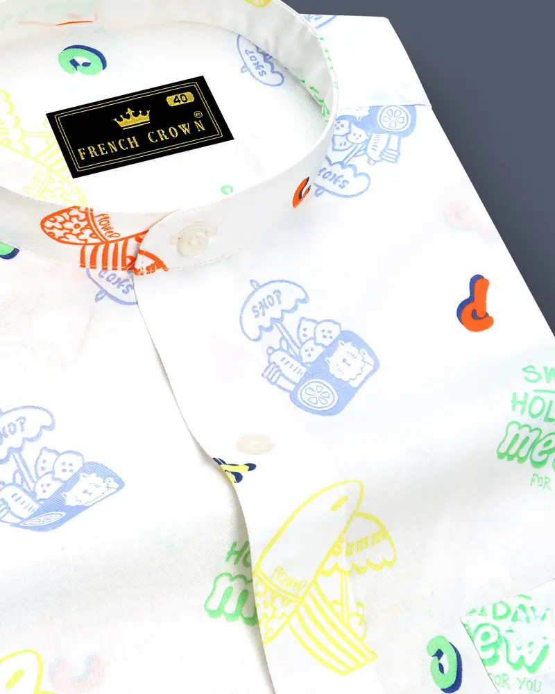 Bright White Multicolour Quirky Printed Premium Cotton Shirt 1
