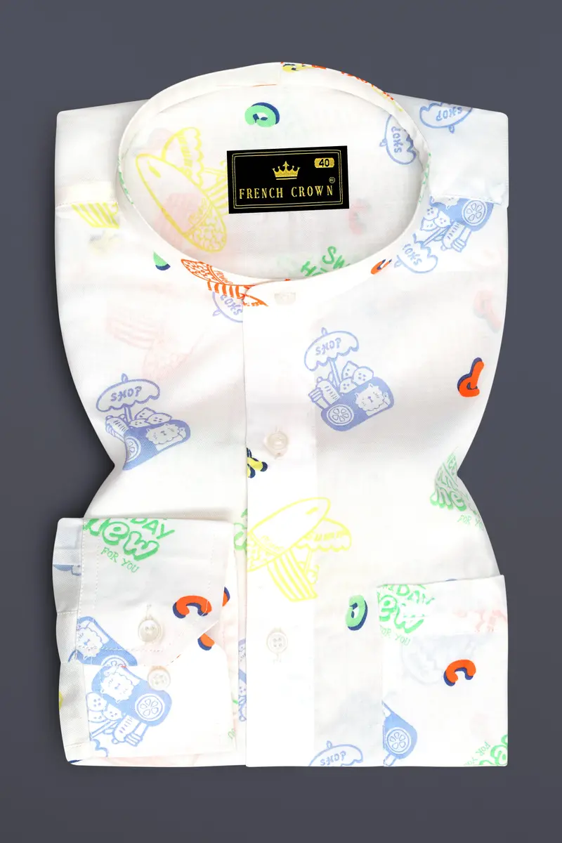 Bright White Multicolour Quirky Printed Premium Cotton Shirt 4