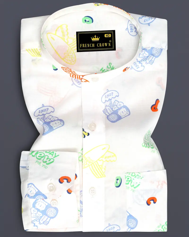 Bright White Multicolour Quirky Printed Premium Cotton Shirt 6