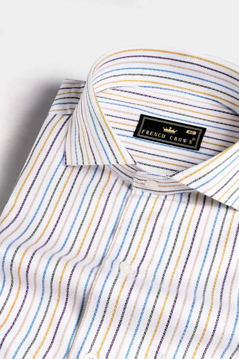 Bright White Multicolour Striped Dobby Textured Premium Giza Cotton Shirt 1