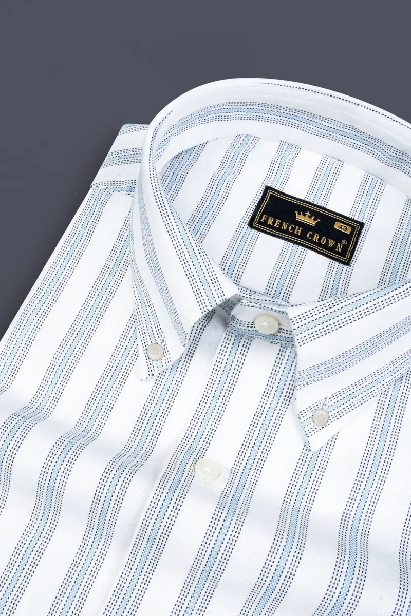 Bright White Multicolour Striped Dobby Textured Premium Giza Cotton Shirt 1