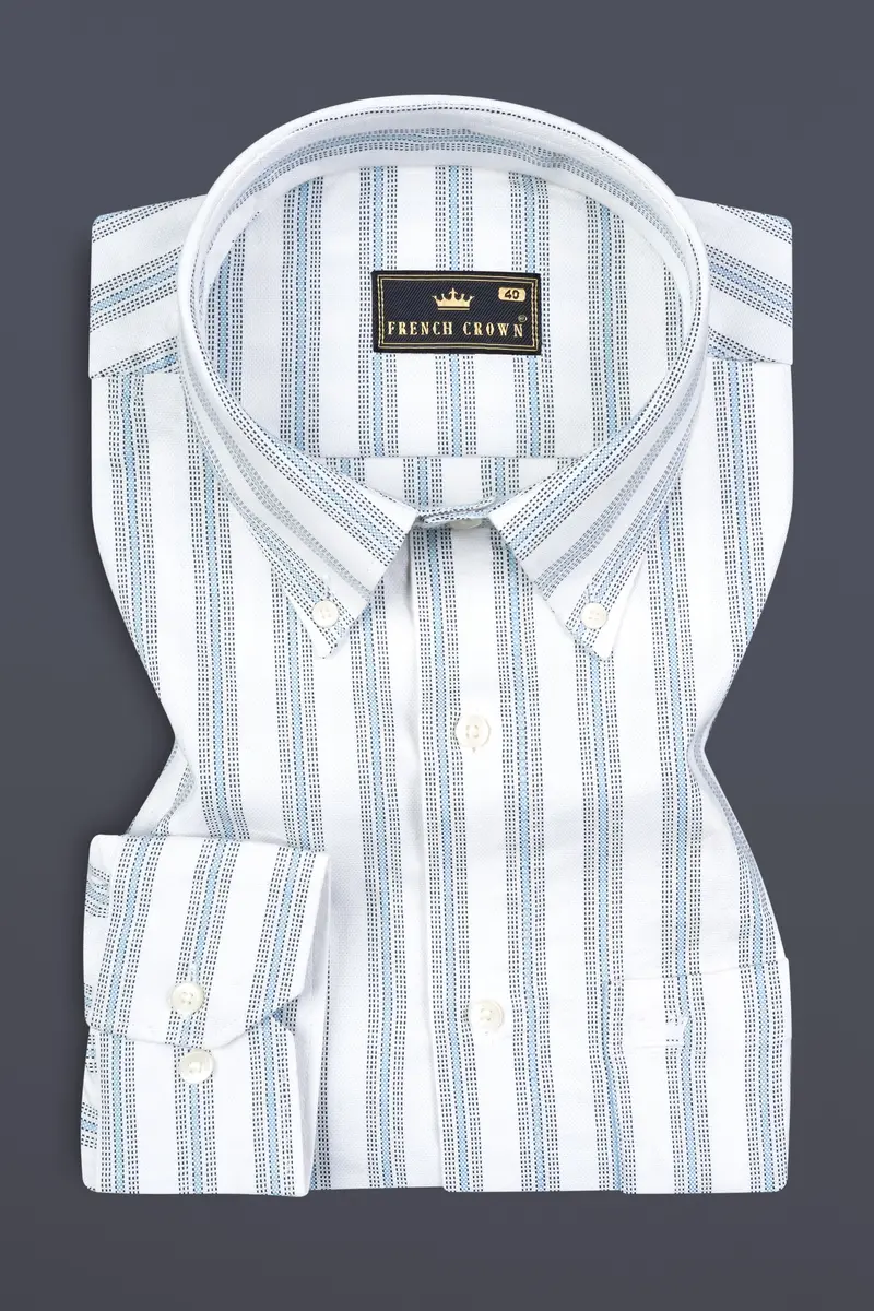 Bright White Multicolour Striped Dobby Textured Premium Giza Cotton Shirt 3